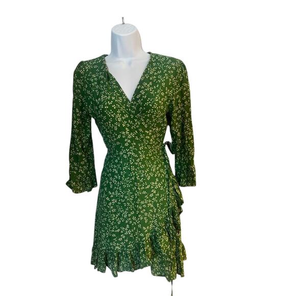 FaithfulThe Brand Bell Sleeve Floral‎ Carmel Wrap Dress 4 Green Boho Cottage - Picture 5 of 8